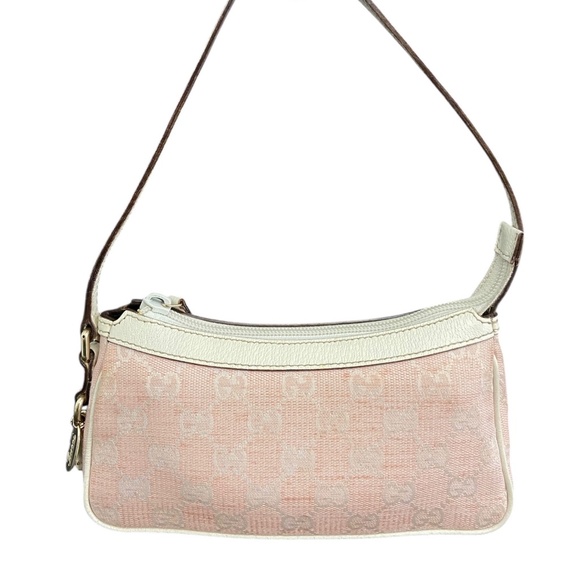 Authentic Gucci Pink Canvas Baguette Shoulder/Handbag Off-White Leather Trim Y2K - Picture 1 of 13